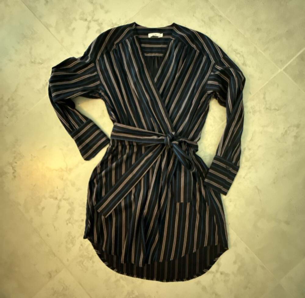 A.L.C. Size 0 Navy Striped Long Sleeve Faux Wrap Dress